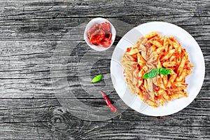 Italian Pasta Penne with Sun-Dried Tomato Pesto, top view