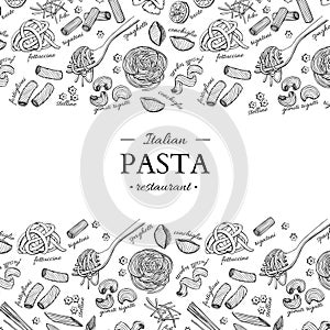 Italian pasta restaurant vector vintage illustration. Hand drawn engraved banner.