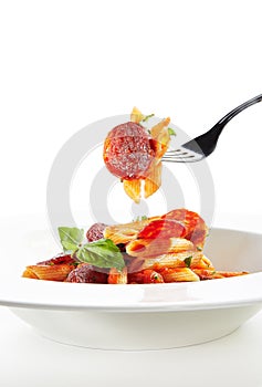 Italian Pasta with Salami, Cold Smoked Tomatoes, Onion, Garlic, Fresh Basil, Parsley, Sweet Chili Sauce, Bulgarian Pepper Close Up