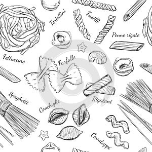 Italian Pasta seamless pattern. Different types of pasta. Vector hand drawn illustration. Isolated objects on white.