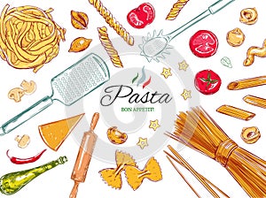 Italian Pasta set. Different types of pasta. Vector hand drawn illustration. objects on white. Colorful.