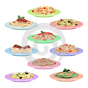 Italian pasta set, spaghetti dishes on plates cartoon vector Illustrations