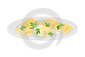 Italian Pasta with Shaped Alimentary Products Stuffed with Cream and Garnished with Parsley Vector Illustration photo