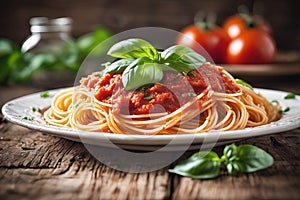 italian pasta spaghetti with tomato sauce, basil and tomatoes on wooden table.