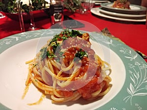 Italian pasta with tomato sauce and bottarga
