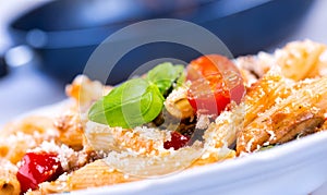 Italian pasta with tomato sauce and cheese as decoration green basil leaves.