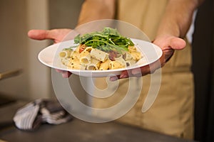 Italian pasta with tomato sauce, seasoned with basil and arugula leaves on chef& x27;s hands, according to traditional