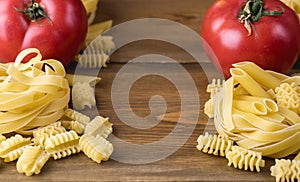 Italian Pasta with Tomatoes on Wooden Background Italian Food Dinner Frame Place for Text