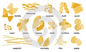 Italian pasta types set. Different macaroni, noodle and farfalle, spaghetti and penne. Tasty kitchen of italy, cartoon