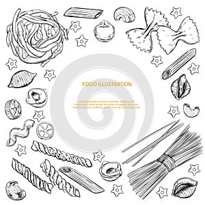 Italian Pasta vector background. Different types of pasta. Vector hand drawn illustration. Sketch