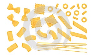 Italian pasta vector set. Wheat different types raw food. Macaroni, spaghetti, noodle, farfalle, penne, ravioli photo