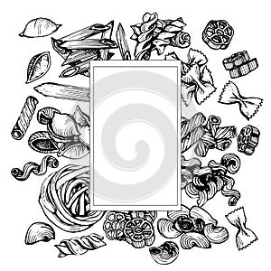 Italian Pasta vector sketch. Hand drawn pasta frame