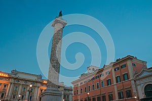 Italian Piazza Colonna with Roman Doric Column of Marcus Aurelius in Rome