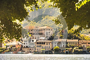 Italian picturesque romantic lake San Giulio island of Orta lake