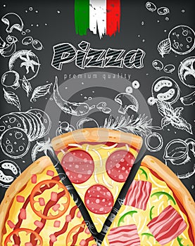 Italian pizza ads or menu with illustration rich toppings dough on engraved style chalk doodle background.