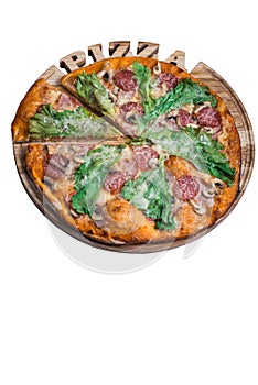 Italian pizza cesare with salami mushrooms and salad. A series of different types of pizza for menus from one angle