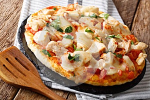 Italian pizza with chicken breast, tomato concasse and mozzarella cheese close-up. horizontal photo