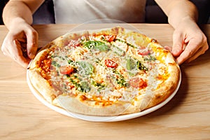 Italian pizza with chicken, cherry tomatoes, mozzarella and parmesan cheese, basil on plate on wooden table and male caucasian