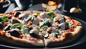 Italian pizza with clams and basil on the black plate.