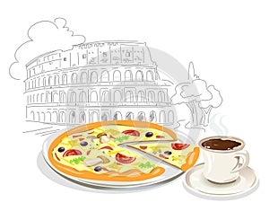 Italian pizza and coffee. Sketch Coliseum