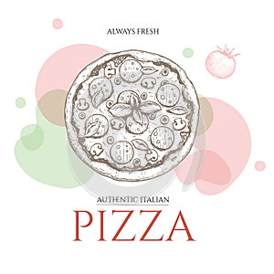 Italian pizza design template. Hand drawn sketch style pizza. Best for Italian restaurant menu and package designs.