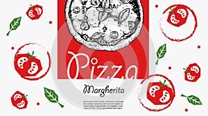 Italian pizza design template. Pizza Margherita in hand drawn sketch style and pizza ingredients in flat modern style. Best for fl