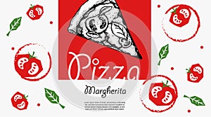 Italian pizza design template. Pizza Margherita slice in hand drawn sketch style and pizza ingredients in flat modern style. Best