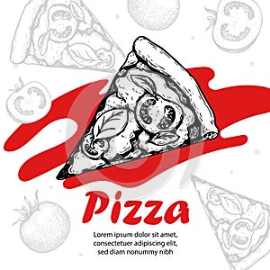 Italian pizza design template. Pizza Margherita slice in hand drawn sketch style and pizza ingredients in flat modern style. Best