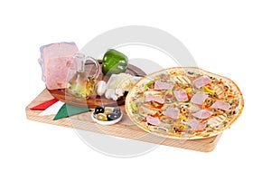 Italian pizza with ham, bell pepper, chicken, grilled mushrooms, peppers, sweet, olives,