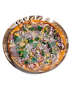 Italian pizza with ham corn cucumber and onion. A series of different types of pizza for menus from one angle