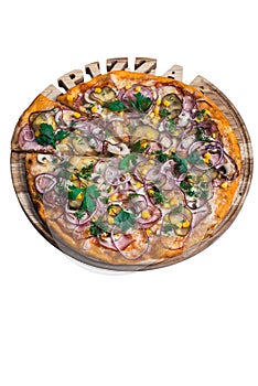 Italian pizza with ham corn cucumber and onion. A series of different types of pizza for menus from one angle