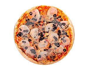 Italian pizza with ham, mozzarella, mushrooms and olives, isolated on white background, top view