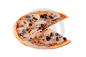 Italian pizza with ham, mozzarella, mushrooms and olives, without a quarter, isolated on white background, angle view