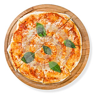 Italian pizza Margherita with basil on wooden board top view isolated on white