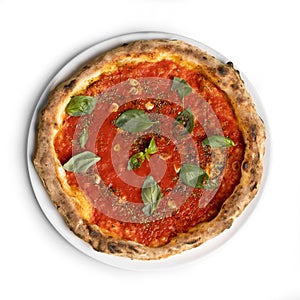 Italian Pizza Marinara, Top View, Isolated on White Background - Tomato sauce, garlic, oregano, basil leaves