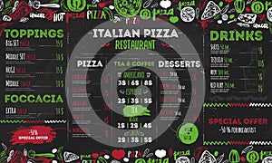 Italian pizza menu, template design for restaurants, cafe. Food flyer with hand drawn elements and lettering on