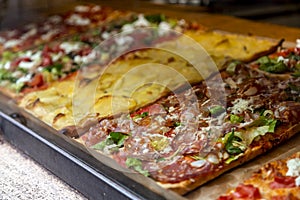 Italian pizza in a restaurant display window in Rome