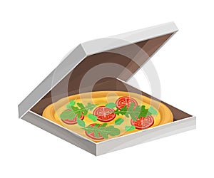 Italian Pizza with Round Flattened Dough Topped with Sliced Tomatoes and Greenery Vector Illustration