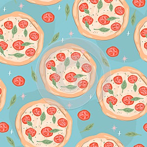 Italian pizza seamless pattern. Background with tomatoes and basil.