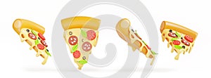 Italian pizza slice with melted dripping cheese top and angle view 3d render. Cartoon fast food icon set of triangle