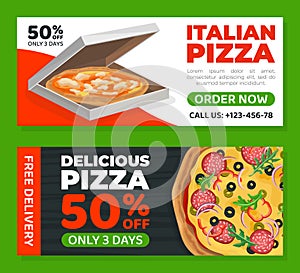 Italian pizza special offer flyer template. Delicious pizza delivery service business card, banner, promotional leaflet