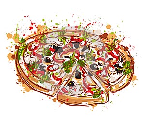 Italian pizza with splashes in watercolor style.