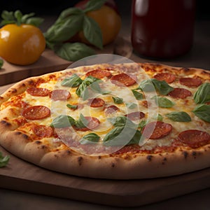 an Italian pizza on the wooden table close-up