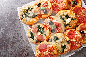 Italian Pizzette Mini Pizza Bites With Assorted Toppings close-up on parchment. Horizontal top view photo