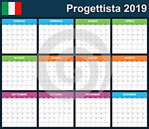 Italian Planner blank for 2019 Scheduler, agenda or diary template. Week starts on Monday