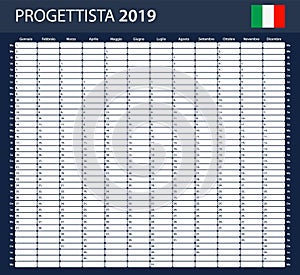 Italian Planner blank for 2019 Scheduler, agenda or diary template. Week starts on Monday