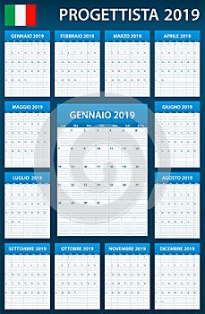 Italian Planner blank for 2019 Scheduler, agenda or diary template. Week starts on Monday