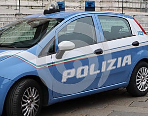 Italian Polizia car, Police car, in historic center of Bologna. Italy