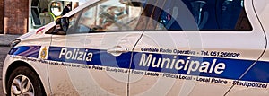 Italian Polizia Municipale car Local Police. Keeping safety in historic center of Bologna