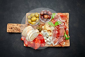 Italian prosciutto crudo or spanish jamon, cheese, olives and bread photo